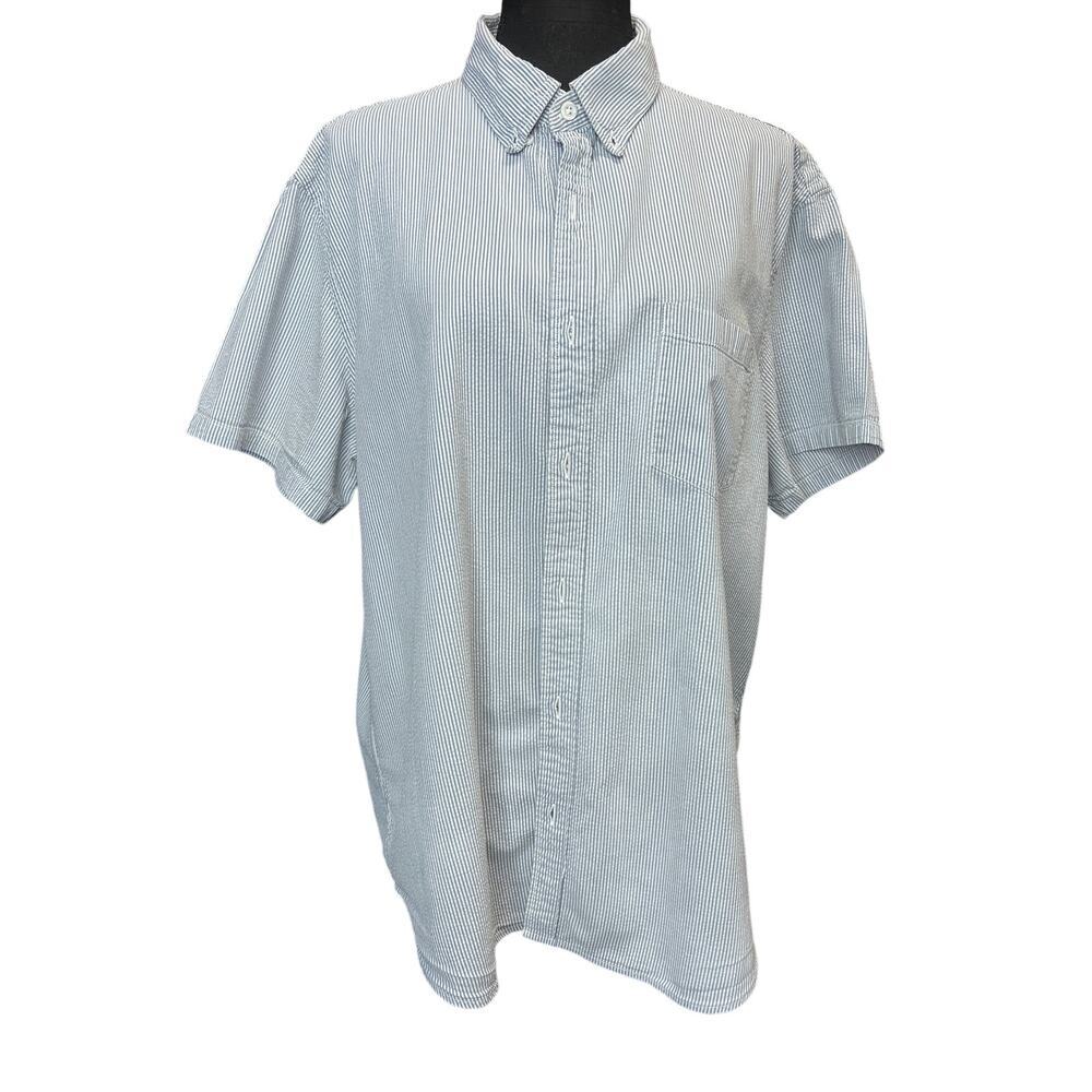 J.Crew Button Down Shirt Short Sleeve Pocket Men’s XL Blue White Striped Cotton